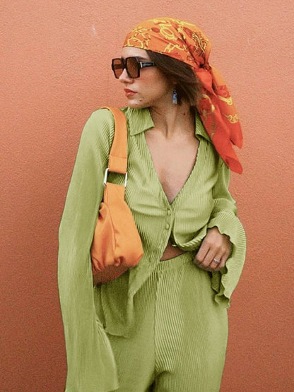 Loose Flared V-neck Pants Set