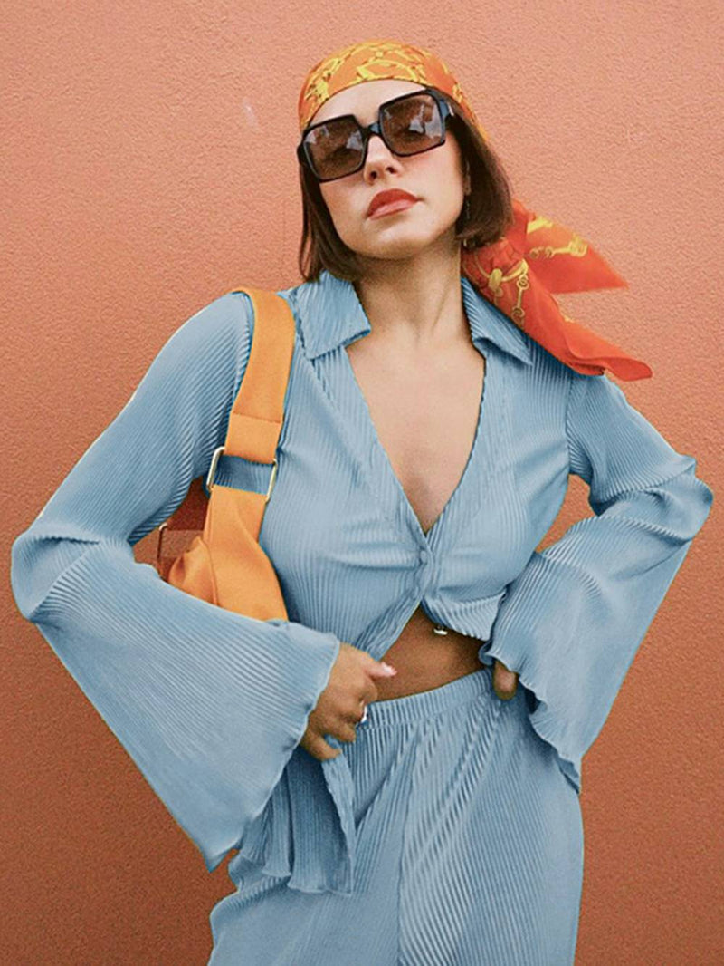 Loose Flared V-neck Pants Set