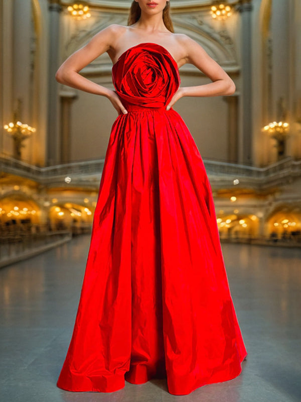 High Waisted Loose Pleated Color Split-joint Three-dimensional Flower Zipper Tube Maxi Dresses