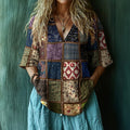 Vintage Tribal Patchwork Art Cotton Linen Shirt elevenforest