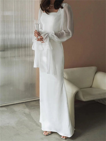 White Ruffled Mesh Maxi Dress – High Waist Patchwork Slim Party Lace-up Long Dress