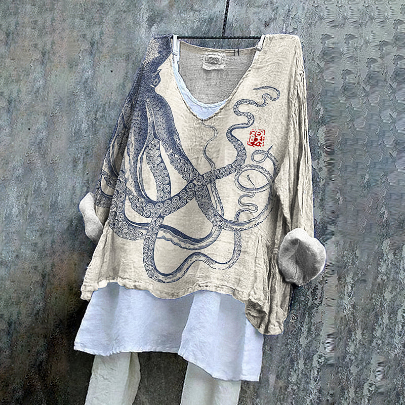 Vintage Octopus Ink Style Art Cotton Linen V Neck Casual Shirt elevenforest