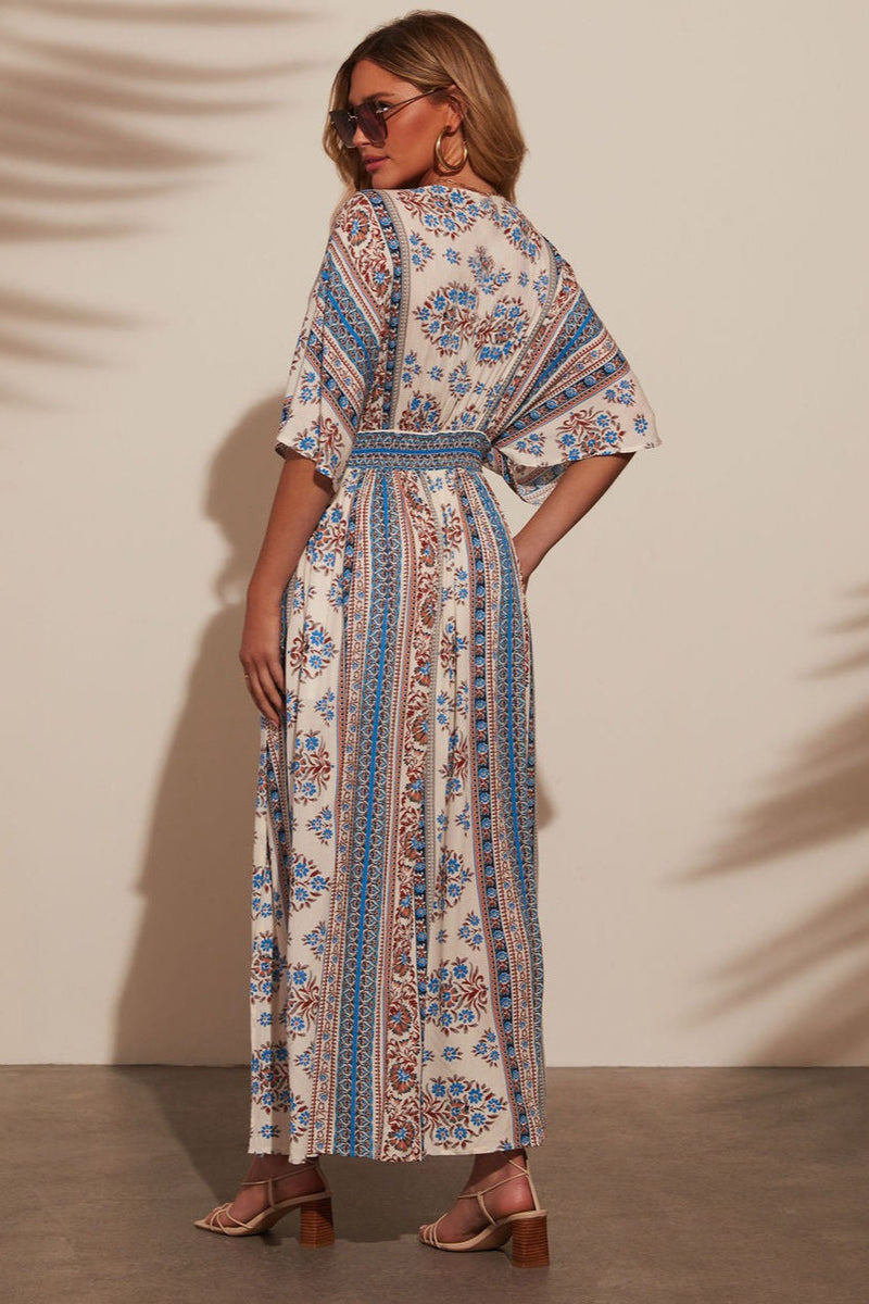 Print V-neck Short Sleeve Maxi Dress
