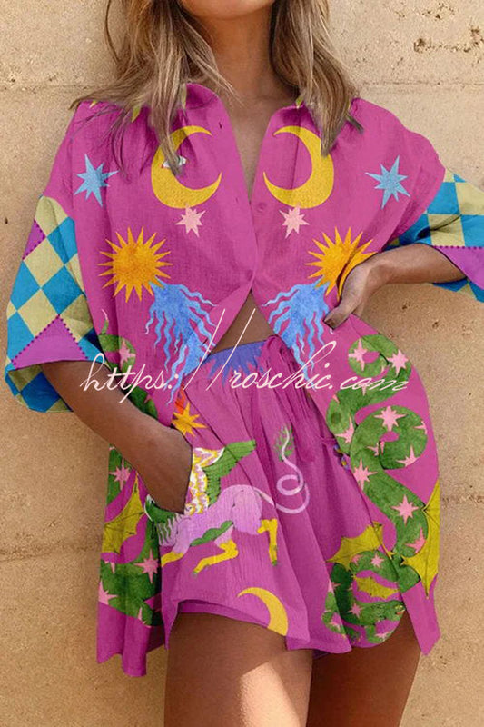 Summer Traveler Linen Blend Unique Print Oversized Blouse and Elastic Waist Pocketed Shorts Set