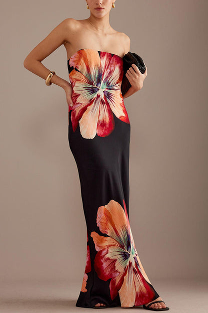 Charming Strapless Waist Cinching Satin Printed Lace Up Loose Long Dress