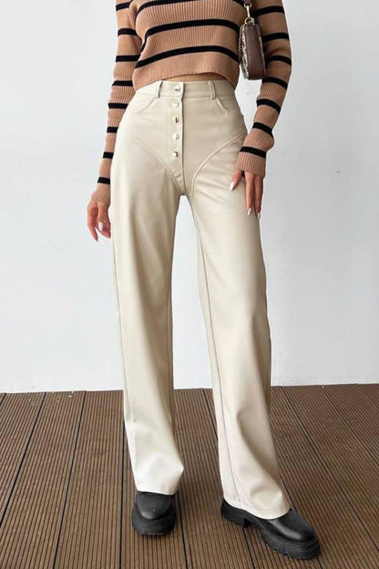 Leather Patchwork Slim Straight Pants