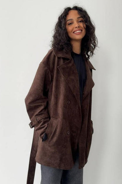Suede Lapel Tie Waist Jacket Coat
