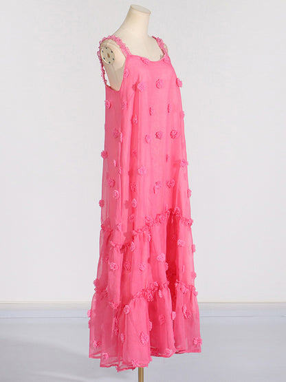 A-line High Waisted Layered Pleated Split-joint Three-dimensional Flower Spaghetti-neck Maxi Dresses