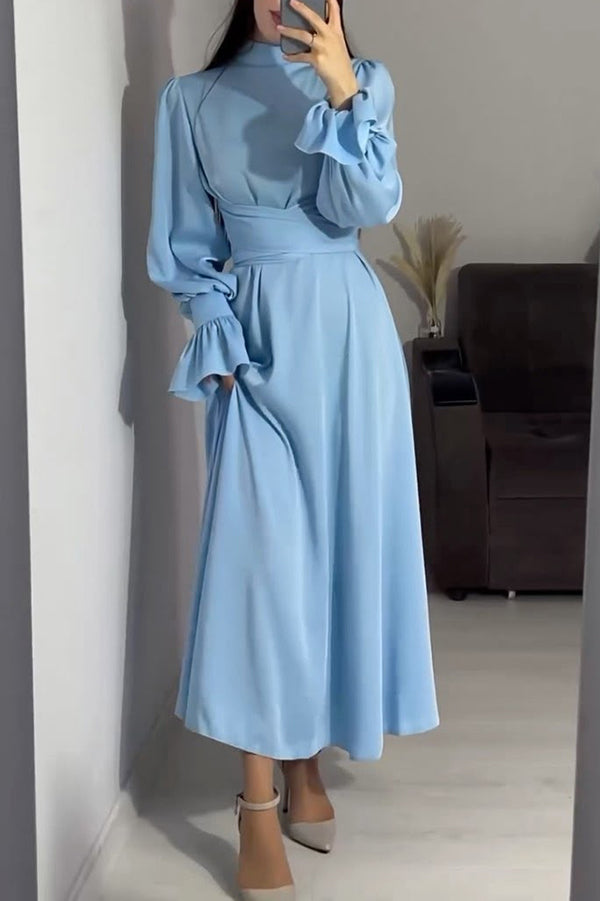 Color Ruffled Sleeves Waisted Tie Slim Fit Maxi Dress