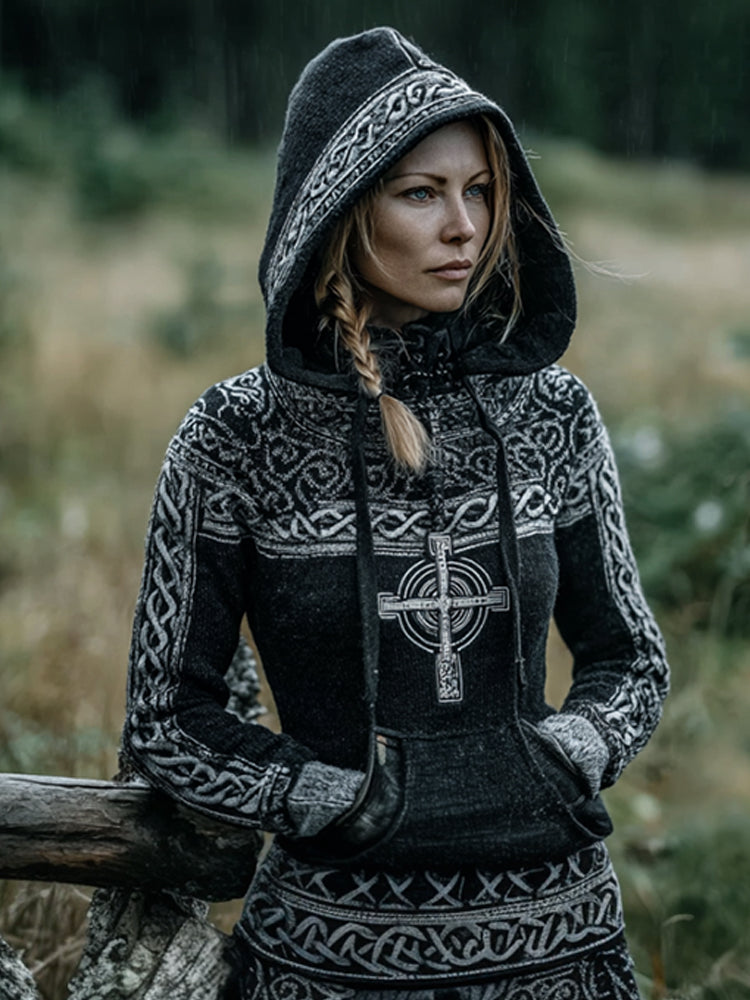 Women's Viking Style Compass Embroidered Hooded Sweater artswardrobe