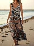 Women's Vintage Ethnic Collage Floral Art Print V Neck Sleeveless Pock
