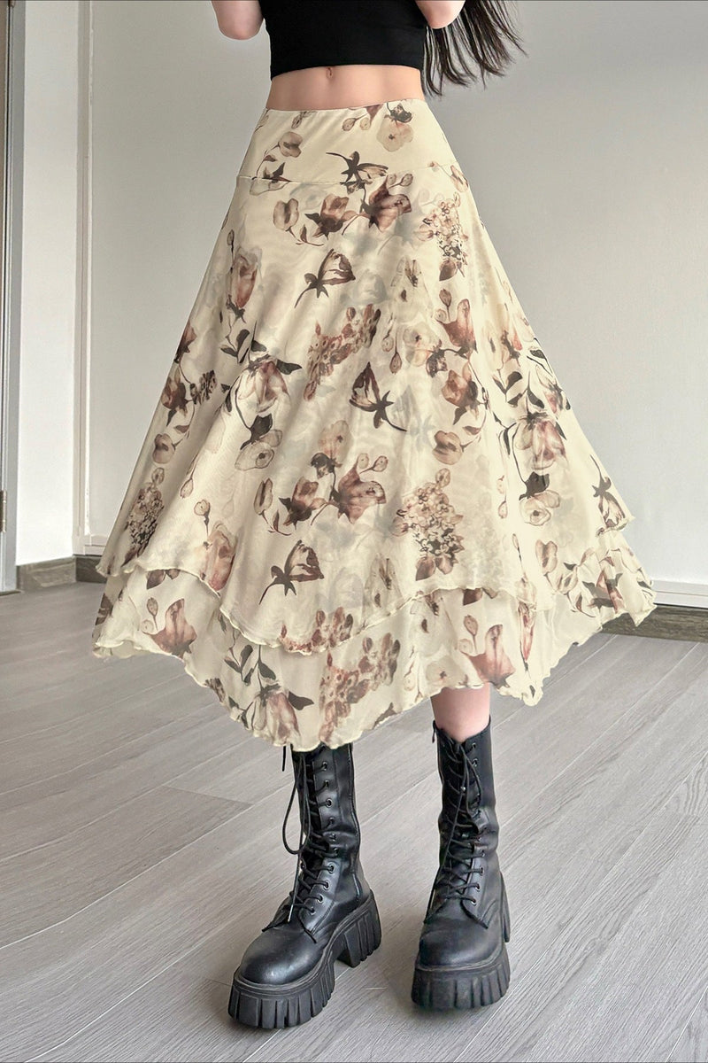 Ruffle Asymmetric Sheer Mesh Vacation Maxi Skirt