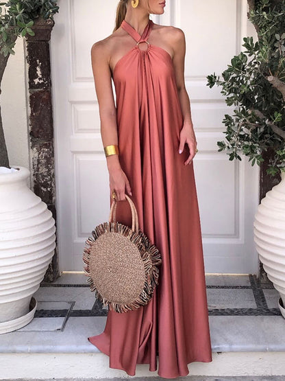 A-line Loose Backless Color Tied Halter-neck Maxi Dresses
