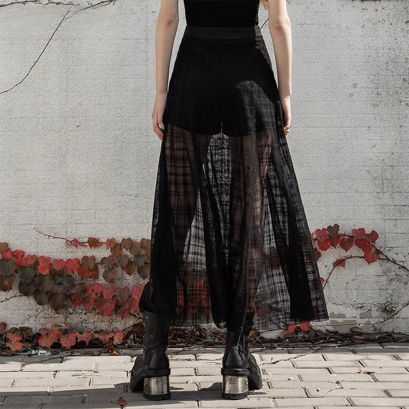 Daily a Shape Mid-length Grid Mesh Forks Pantskirt Gothic Elastic Waist Long Skirt