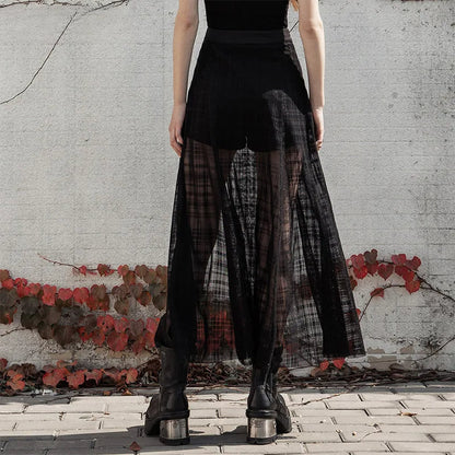 Daily a Shape Mid-length Grid Mesh Forks Pantskirt Gothic Elastic Waist Long Skirt