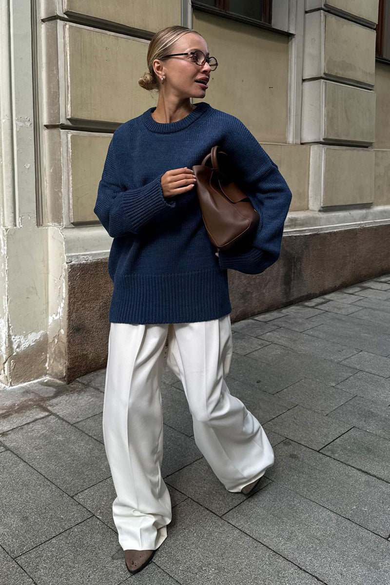 Color Relaxed Fit Crew Neck Knit Sweater