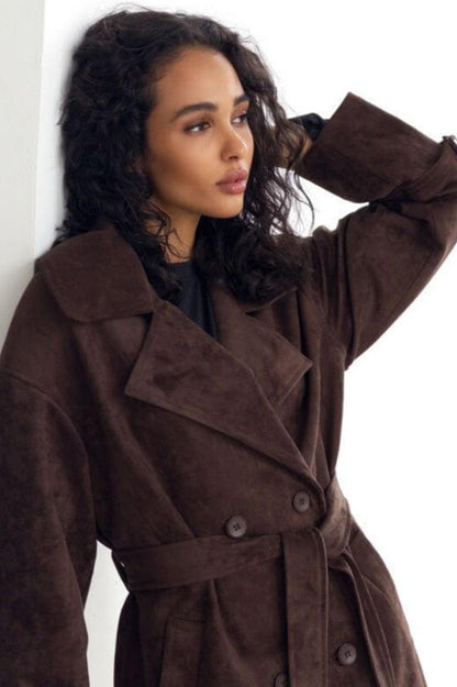 Suede Lapel Tie Waist Jacket Coat