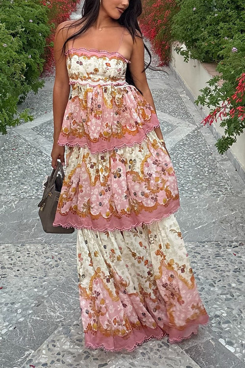 Moxidress Spaghetti Strap Back Lace-up Ruffle Layered Print Maxi Dress
