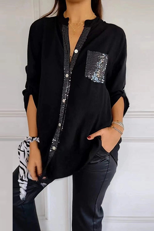 Rolled Up Sleeves Button Down Sequin Splice Blouse Shirt
