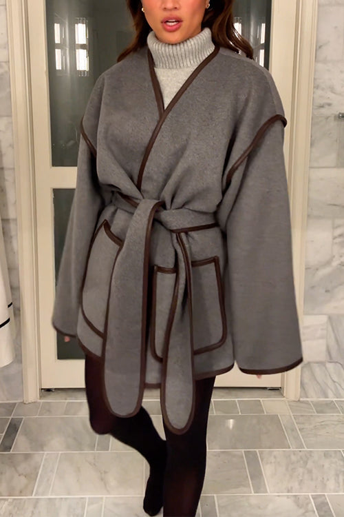 Moxidress Open Front Pocketed Splice Coat With Belt