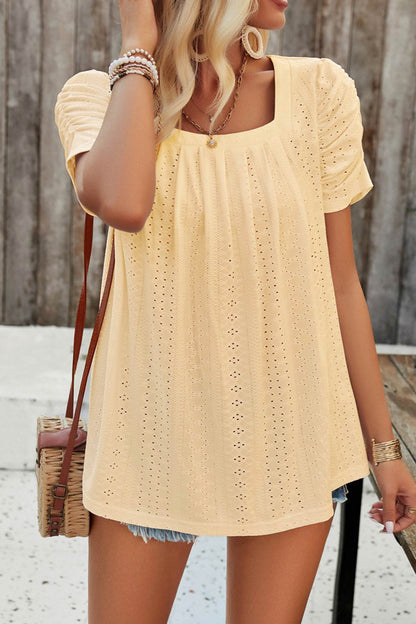 Square Neck Puff Sleeve Hollow Out Blouse