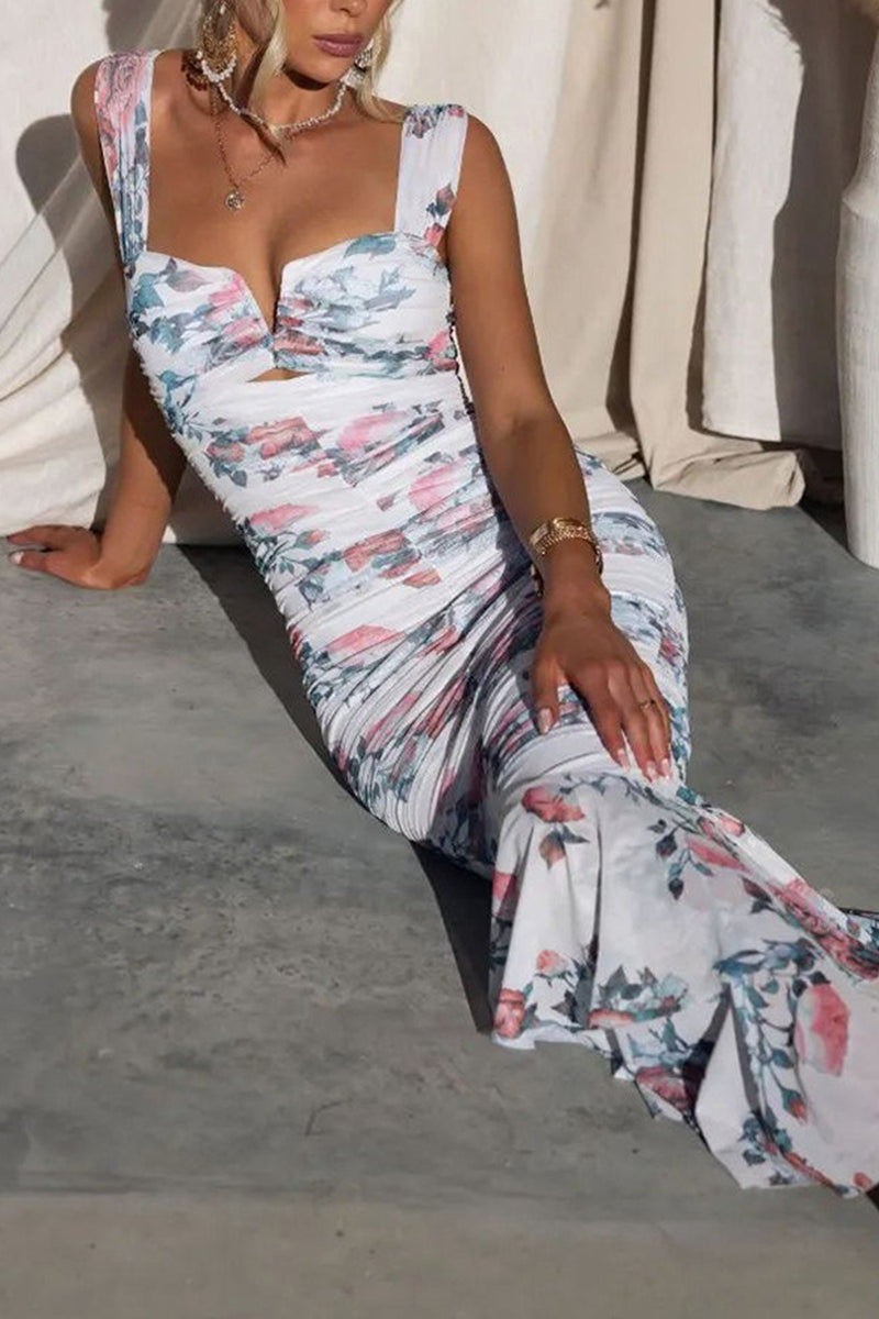 Print Ruched Fishtail Dress