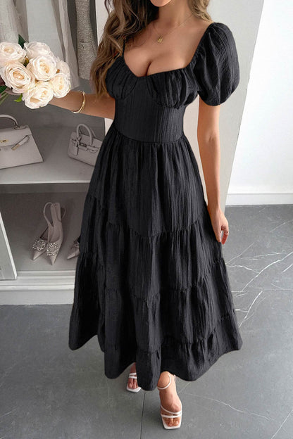 Low Cut Puff Sleeve Backless Tiered Dress