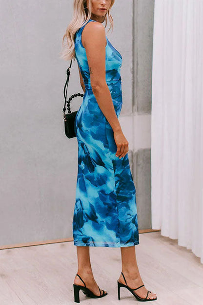 Moxidress Side Slit Sleeveless Print Bodycon Midi Dress