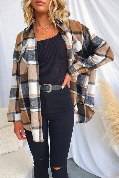 Lapel Button Down Pockets Plaid Shacket Coat
