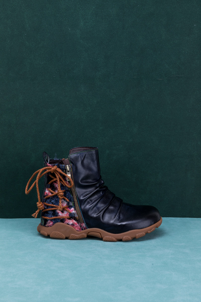 Soffia | Ruched Black Leather Combat Boot