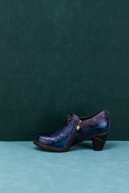 Soffia | Rose Embossed Relief Purple Leather Ankle Boot