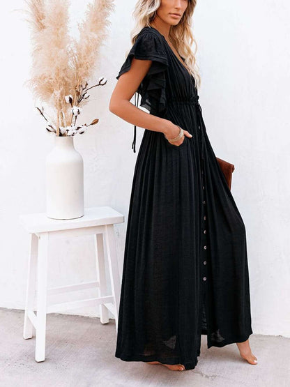 Button Cotton Linen Perfect Beach Maxi Dress