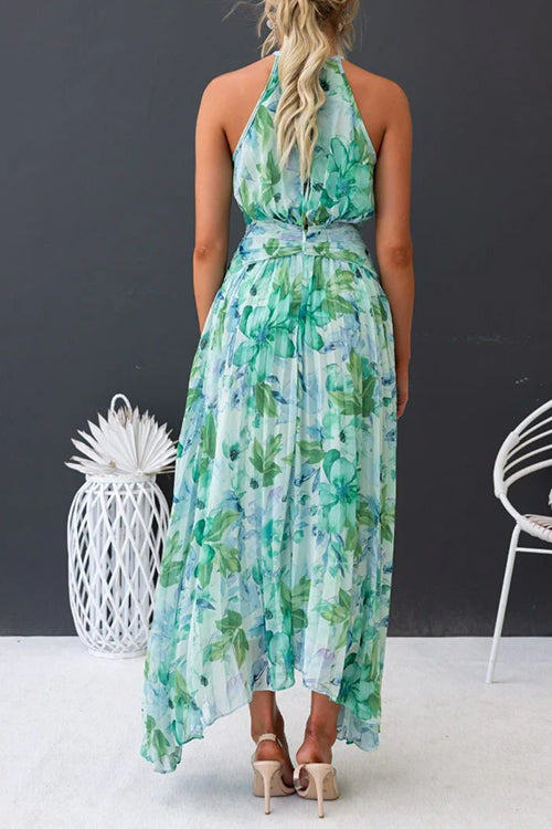 V Neck Waisted Cut Out Pleated Maxi Dress