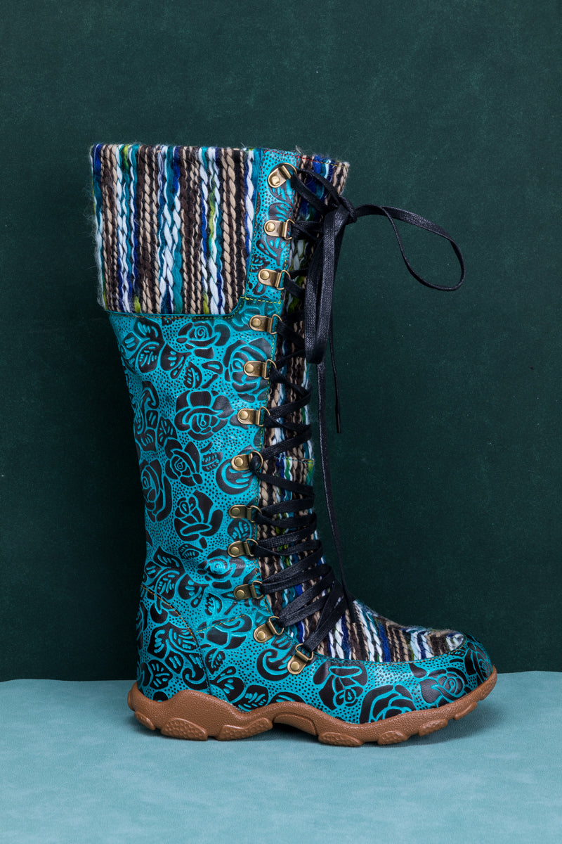 Soffia | Rose Embossed Teal Leather Tie-accent Boot