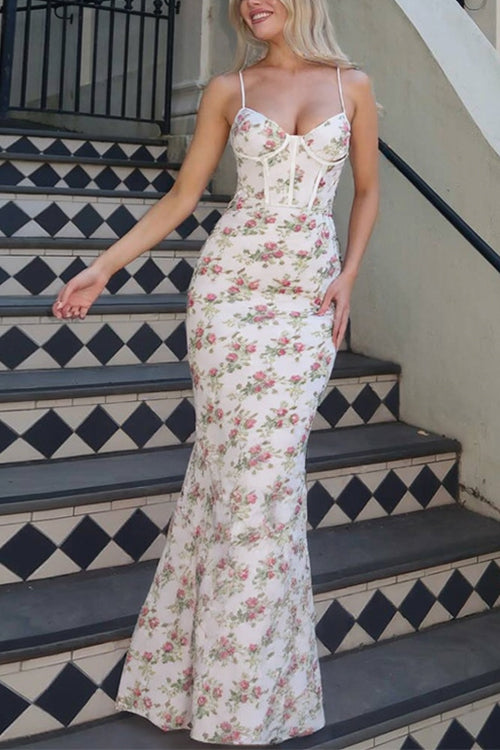 Spaghetti Strap Corset Print Bodycon Maxi Dress