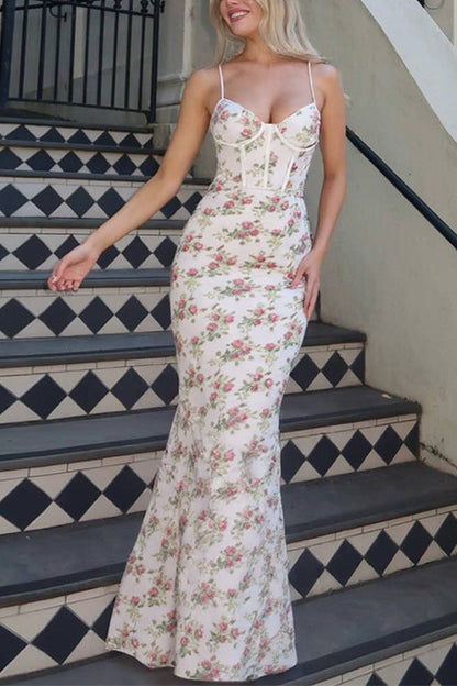 Spaghetti Strap Corset Print Bodycon Maxi Dress