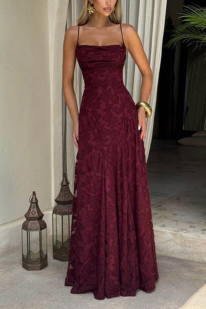 Moxidress Spaghetti Strap Backless Lace-up Jacquard Maxi Dress