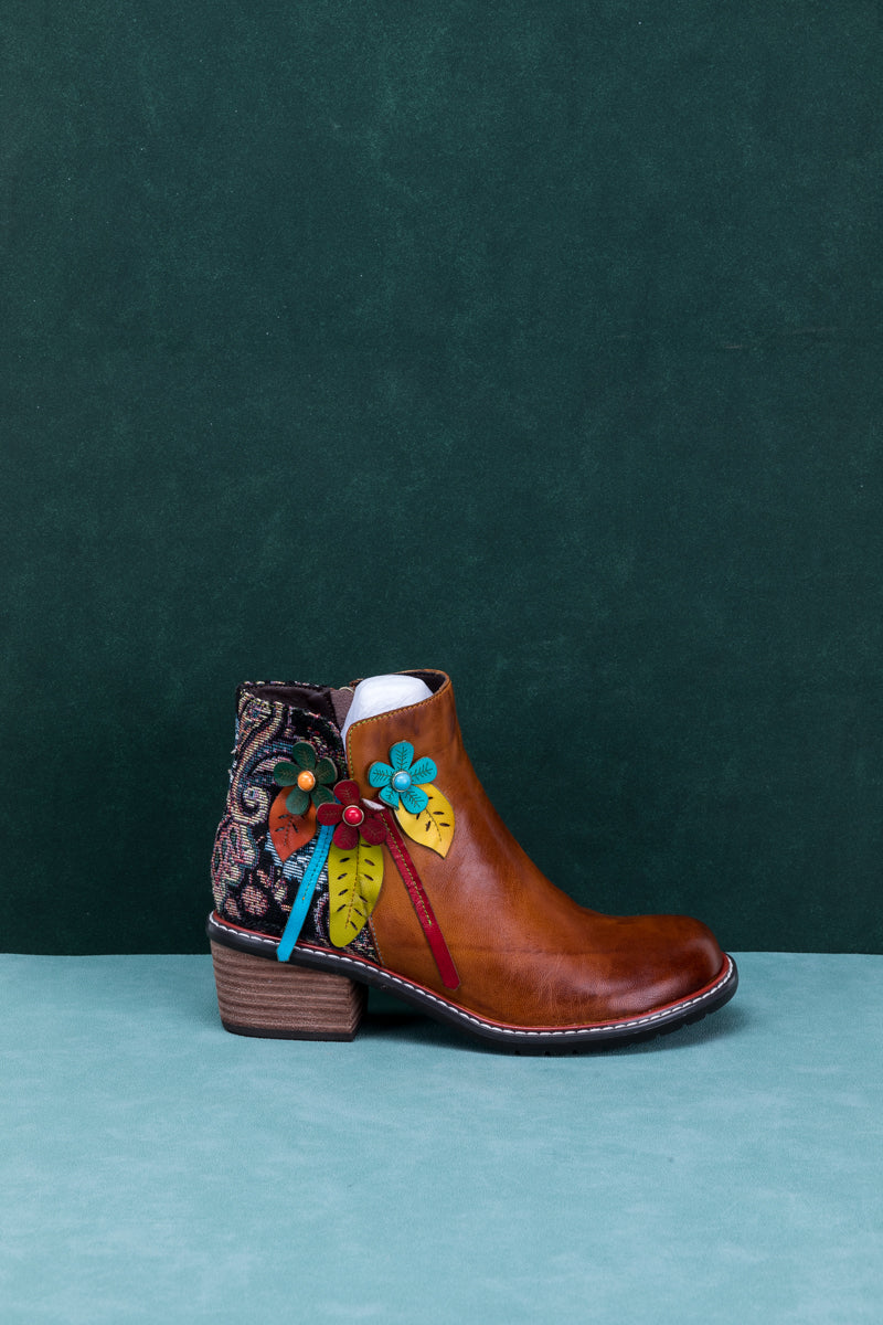 Soffia | Petal Applique Leather Ankle Boot