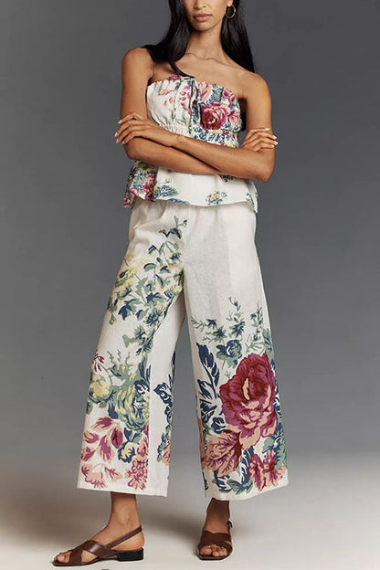Moxidress Print Strapless Ruffle Tube Top and Smocked Waist Wide Leg Pants