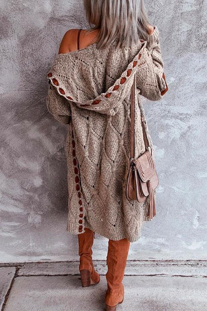 Elbow Patch Color Block Hoodied Midi Cardigan