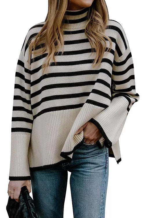 Turtleneck Side Split Striped Sweater