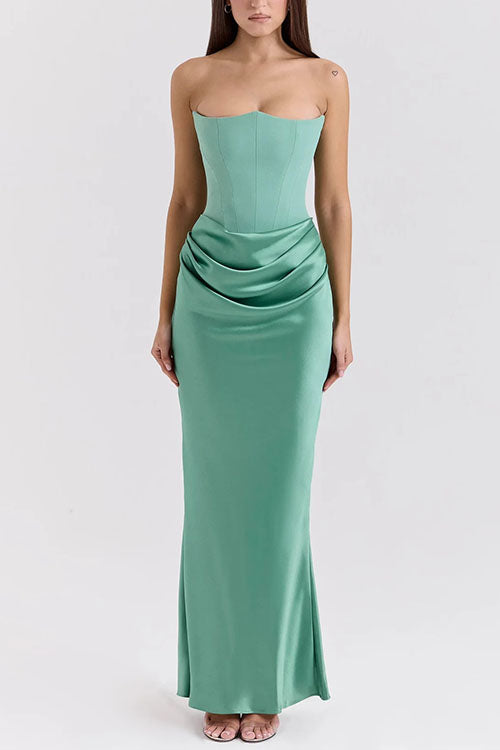 Moxidress Strapless Ruched Satin Splice Bodycon Maxi Dress