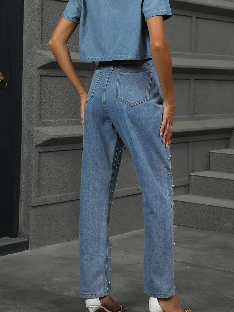 Fall Pearl-accent Straight-leg Denim Pants