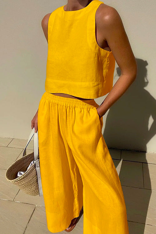 Moxidress Crewneck Crop Tank Top Elastic Waist Wide Leg Pants Set