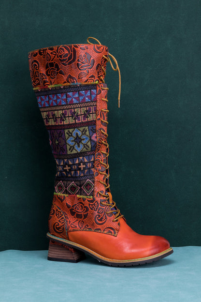Soffia | Geometry Patchwork Embossed Leather Knee High Boot