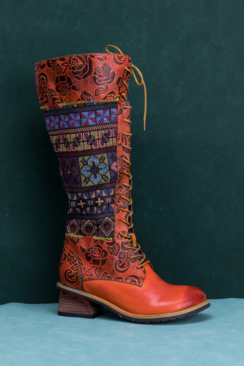 Soffia | Geometry Patchwork Embossed Leather Knee High Boot