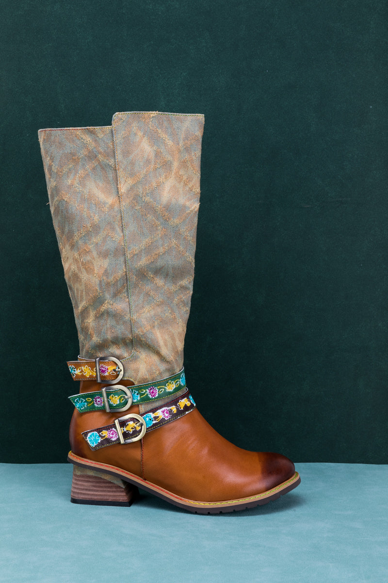 Soffia | Tri-strap Canvas Leather Knee High Boot