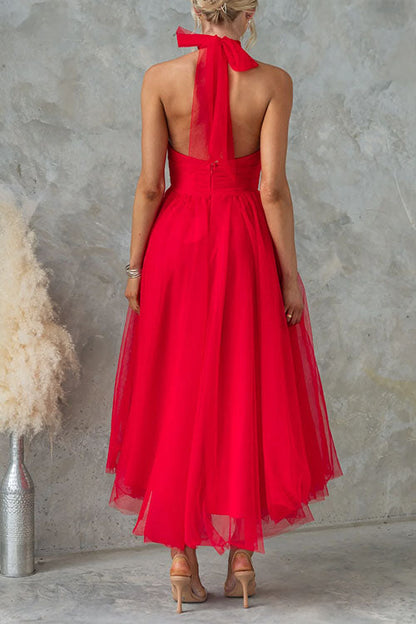 Moxidress Bow Knot Halter Open Back Tulle Maxi Dress