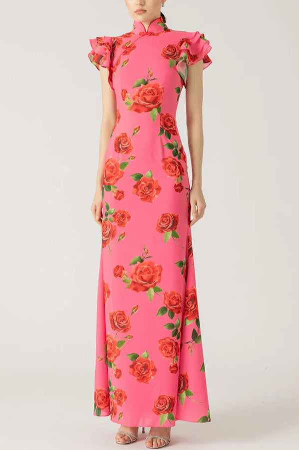 Party Cheongsam Style Rose Print Layered Flared Sleeve Elastic Long Skirt