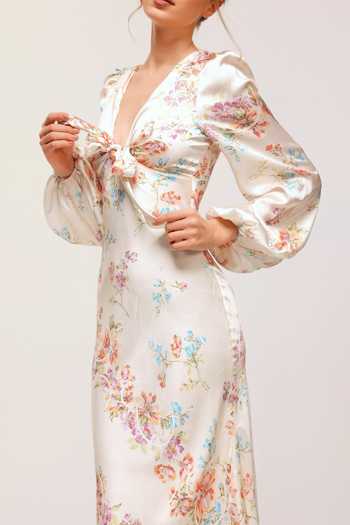 Melissa Print V-neck Satin Maxi Dress